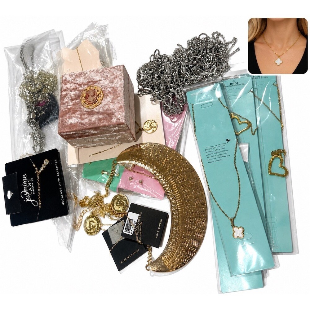 15 piece Necklace Lot Bundle Gold Silver jewelry box cute pink stainless steel